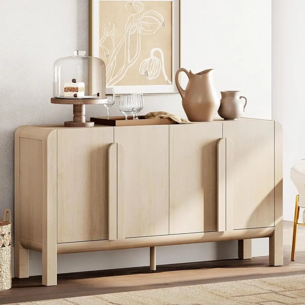 

Large 63 Wide Buffet Sideboard with Storage, Curved Cabinet for Dining, Living, Kitchen, Light Oak
