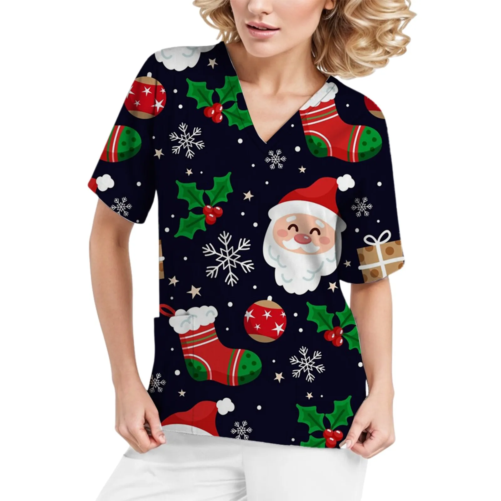 Weihnachten Hirsch Druck Peelings Top kurze medizinische Uniformen Frauen Tasche Pflege Peelings Bluse Haustier pflege Arbeit Shirt Camisa Enfermagem