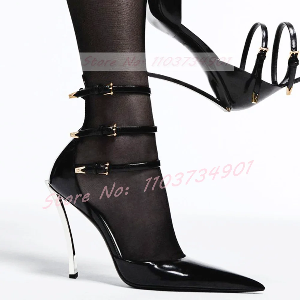 

Pointy Toe Metal Heel Rivets Sandals Women Sexy Trendy Buckle Strap Thin High Heels Shoes Ladies Party Elegant Big Size Sandals