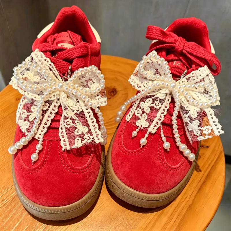 1 Pair Korean Style Shoe Charm Lace Pearl Bow Shoe Laces Buckles Sweet Shoe Buckle for Sneakers Silk Ribbon Shoes Decoration