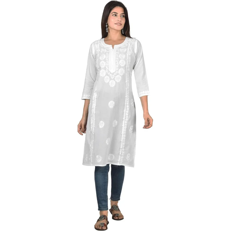 

Women's White Cotton Kurti – Hand-Embroidered Lucknowi Chikankari, Straight Fit, Knee-Length Pakistani Tunic Kurta Top