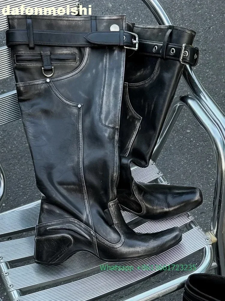 

Fashionable Loose Pleated Women Boots Strange Style Wedges Knight Boots Black/white Knee High Boots Retro Western Cowboy Boots