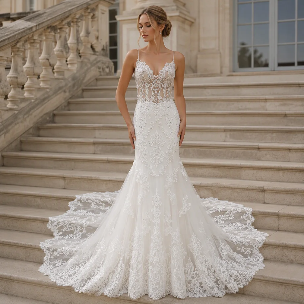 Wedding Dress Spaghetti Strap Sheer Corset Bodice Beaded Lace Mermaid Trumpet Train