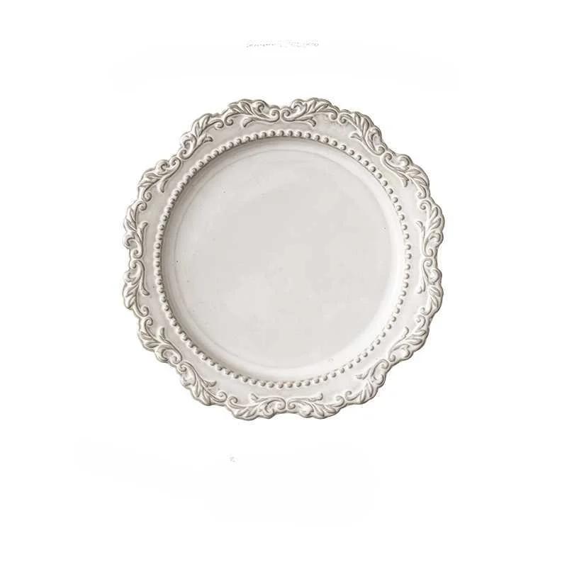 French Retro Embossed Palace Style Ceramic Tableware Western Food Plate Soup Plate Fruit Salad Bowl White Europe Dinnerware