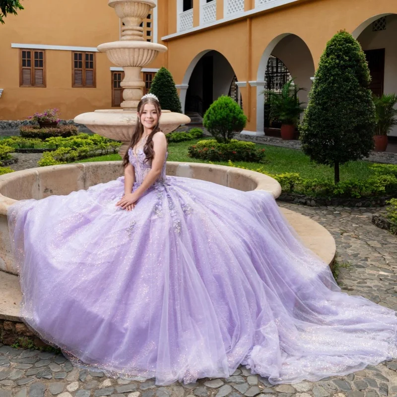 

Shiny Purple Quinceanera Dresses Off the Shoulder Glitter Decal 3D Flower Long tail Vestidoe 15 Quinceanera Customize