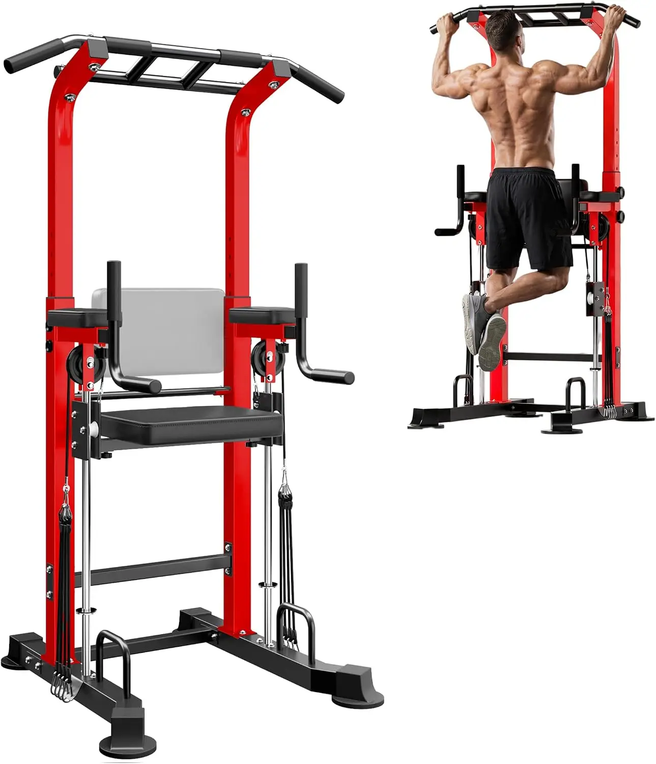 Power Tower Multi-Function Pull Up Bar Station for Home Gym | 10-Level Height& 5-Level Armrest Adjustable,2-IN-1 Assisted Pad,Pu