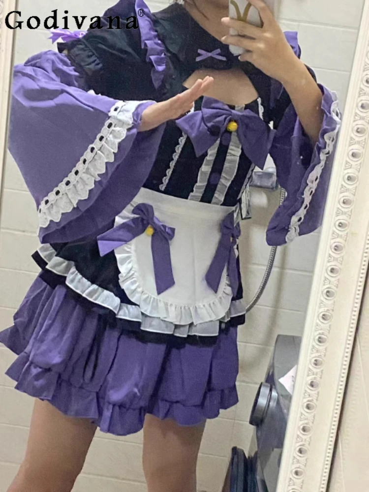 

Elegant Sweet Bow Long Flare Sleeve Maid Uniform Cute Cosplay Dress Lolita Cute Ruffles Elegant Purple High Waist A-line Dresses