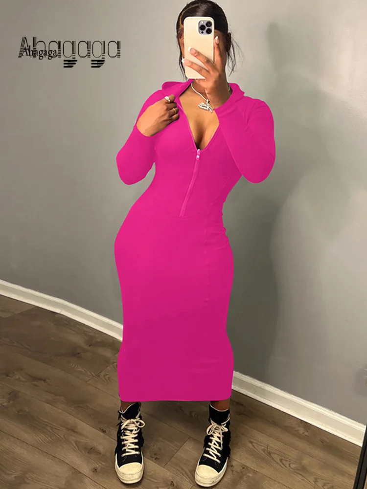 

Сексуальные однотонные платья Ahagaga с капюшоном для фитнеса, модные повседневные облегающие Женские уличные платья на молнии, халаты с длинным рукавом
