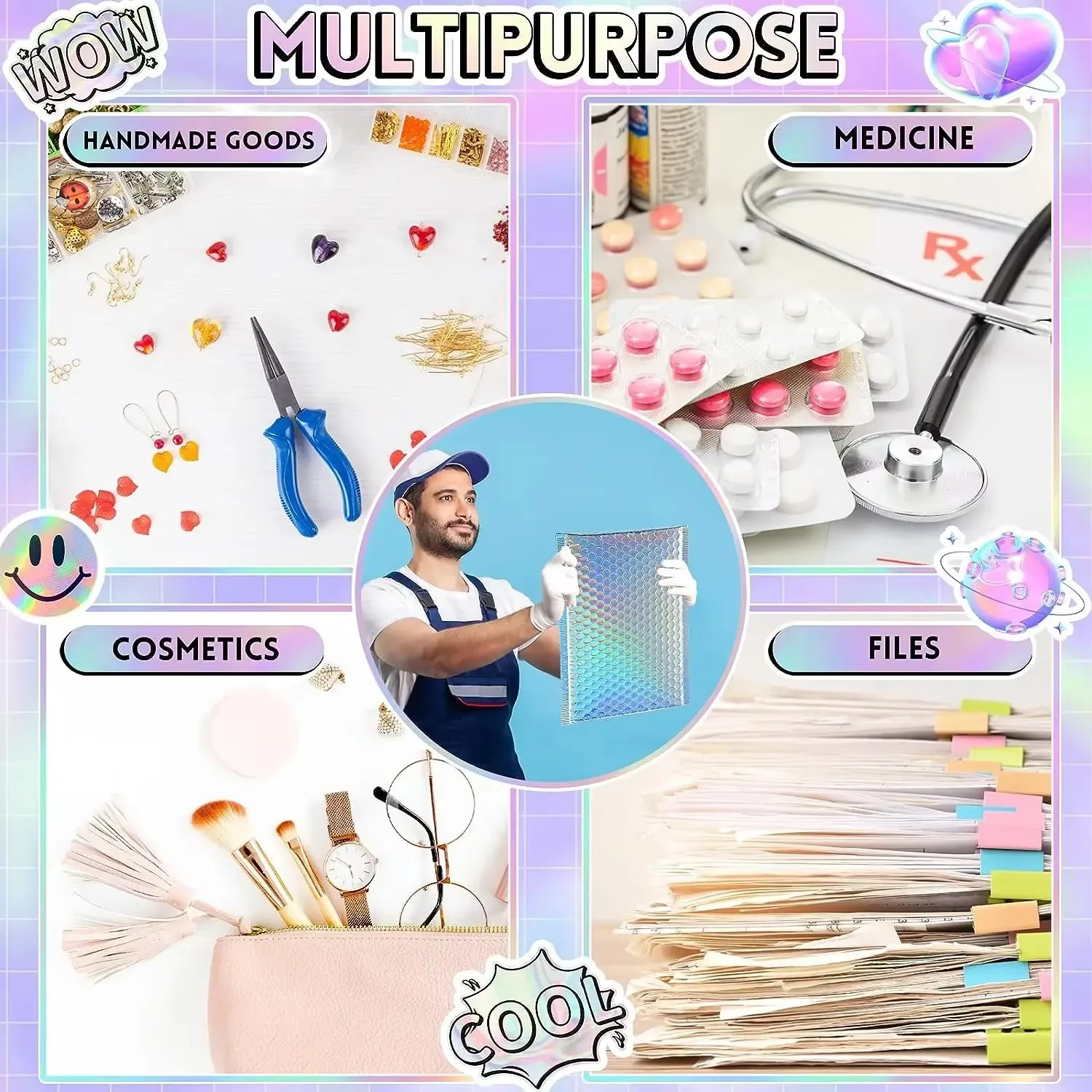 Rainbow colors Envelopes Bubbles 50Pcs Shipping Bags Packages Holographic Mailer Laser Bubble Mailers Self Seal Mailing