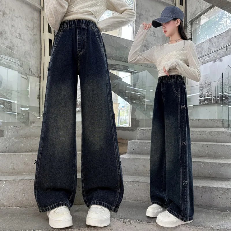 

Girls' Denim Pants Side Seam Patchwork Denim Wide-Leg Pants Suitable for Ages 7-14 Youth Fall Long Pants Durable