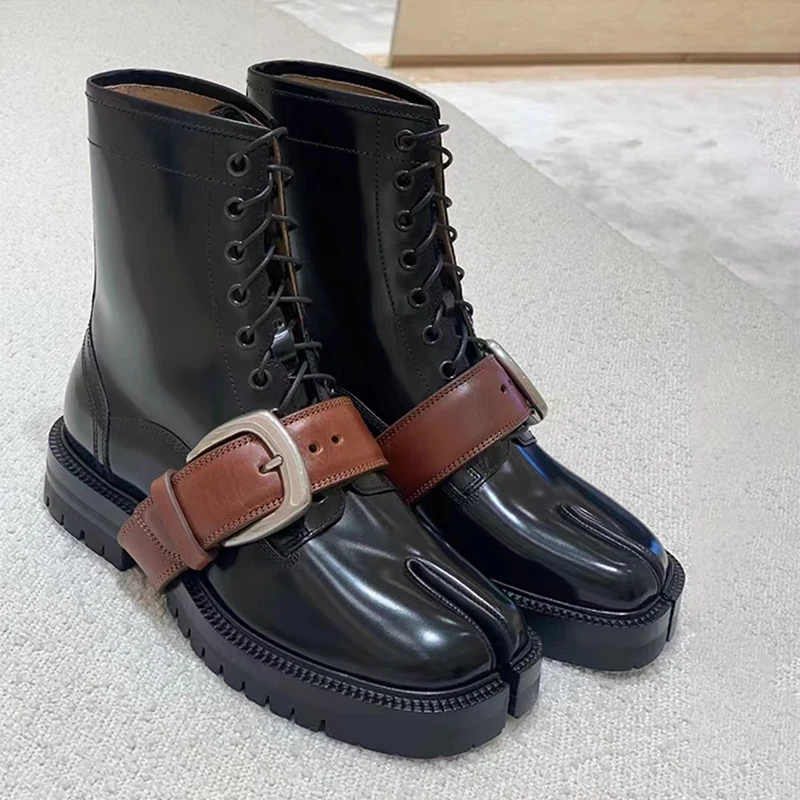 

Retro Split Toe Boots Belt Buckle Short Boots Thick Sole Shiny Leather Boots British Versatile Thick Sole Short Boots For Women