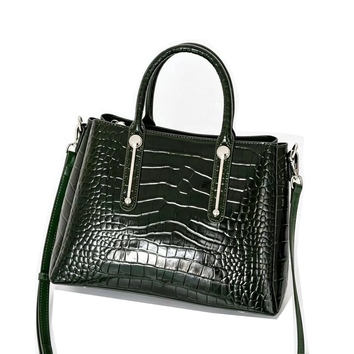 Women Crocodile Pattern Genuine Leather Handbag Retro Top Handle Tote Bag Detachable Cow Leather Crossbody Shoulder Purse