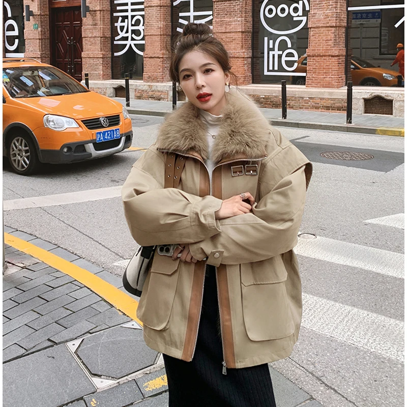 

High-end Down Cotton Parkas Coat Women Plush Warm Puffer Parkas Long Winter Jacket Fashion Big Fur Collar Cotton Coat Outwear