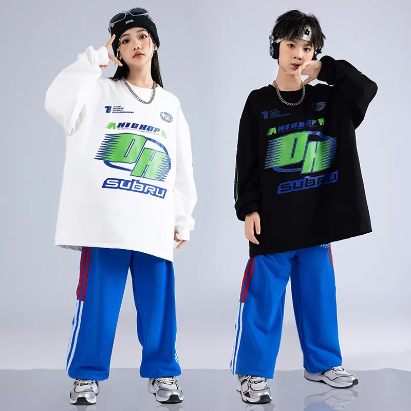 Hip Hop Kinder Cool Drum Kit Junge Jazz Dance Kostüm Mädchen Rundhals Schwarz Weiß Langarm Blau Hosen Anzug