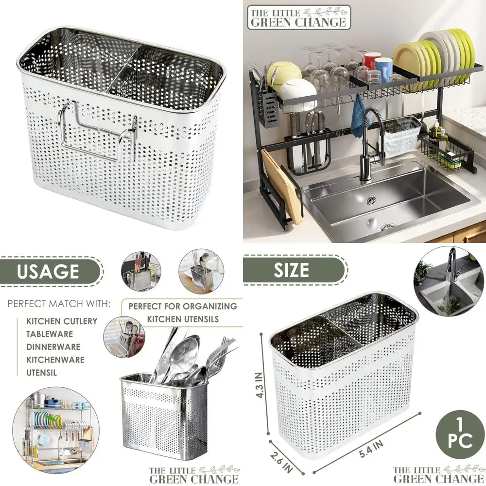 

кухонная утварь, держатель для палочек для еды, сушилка, корзина с крючками, 2 разделенных отделения, качественная нержавеющая сталь, большая l5,4 x h4.