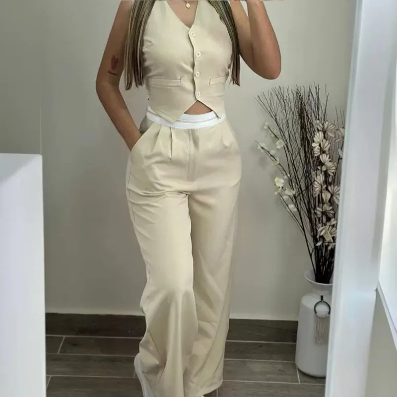 

2024 Spring Summer Street Temperament New Contrast Color Stitching Waist Head Commute Leisure Suit