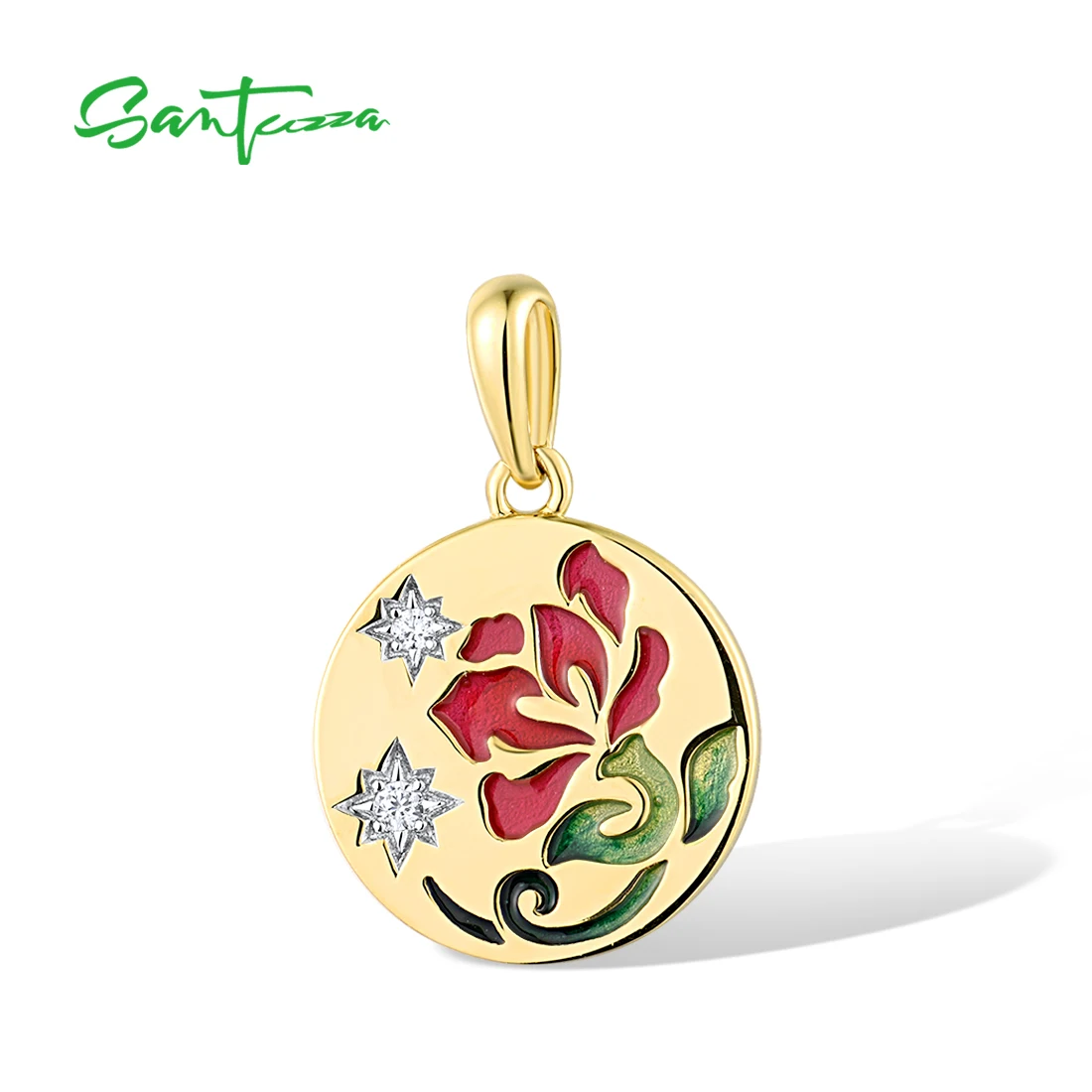 SANTUZZA Pure 925 Sterling Silver Pendant For Women Sparkling White CZ Enamel Red Flower Enamel Exquisite Simple Fine Jewelry