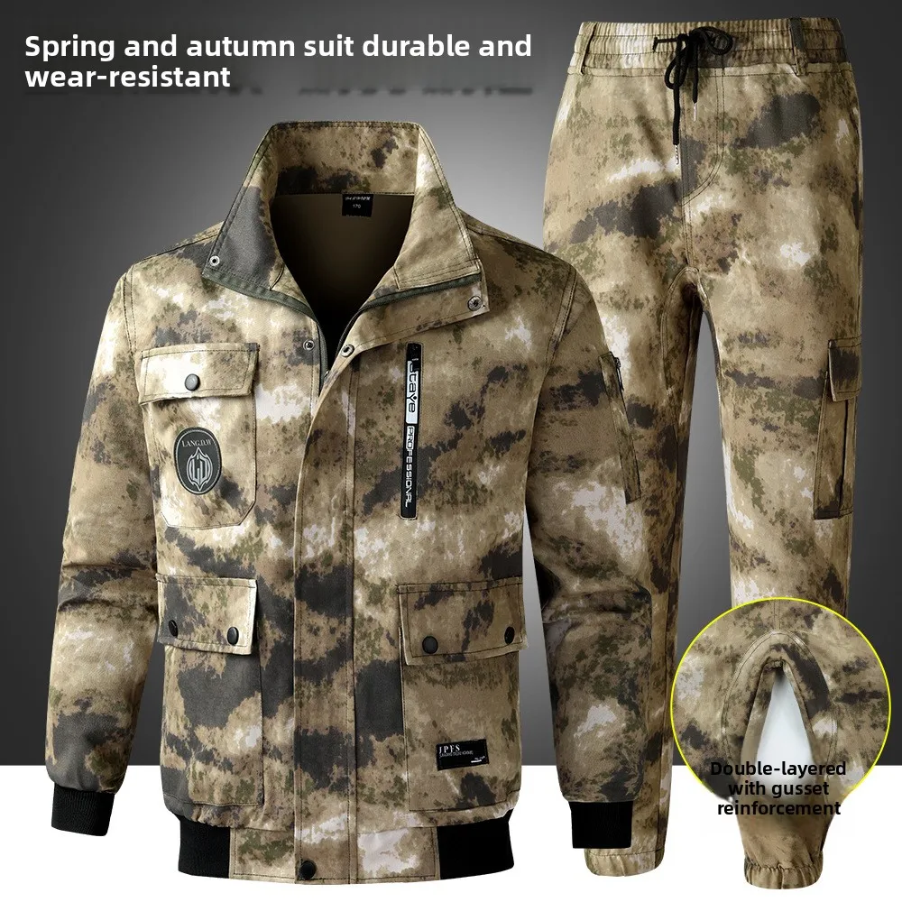 Durable Camo Training Suit, Reinforced Crotch Military Uniform for Outdoor Work Mechanic, Oil Resistant Breathable Comfortable