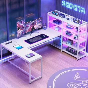 가역 U 자형 컴퓨터 책상, 흰색 코너 책상, 전원 콘센트 및 책꽂이, LED L 코너 게이밍 책상, 64.5 인치