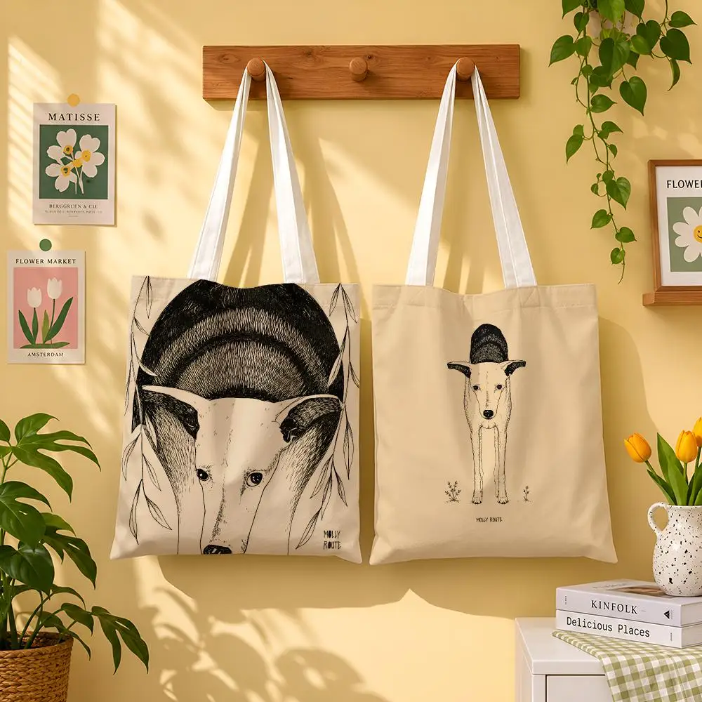 Molly Route Woodland Animal Ink Art Storage Bags 1pc Canvas Tote Bag Reusable Shopping Shoulder Bag For Women Daily Use