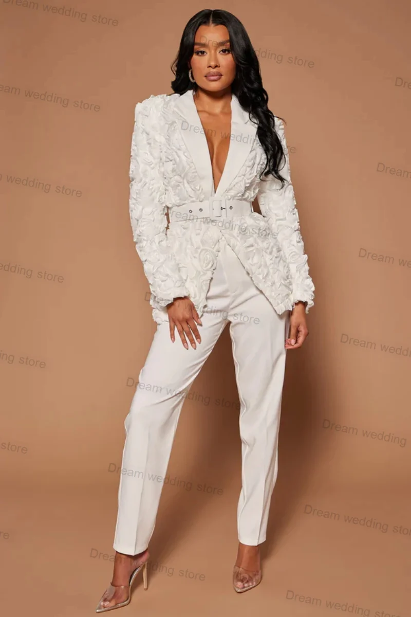 

White Flower Women Suit Pant Set 2 Piece Blazer+Trouser With Belt Formal Office Lady Prom Wedding Tuxedos Customized Coat Jacket