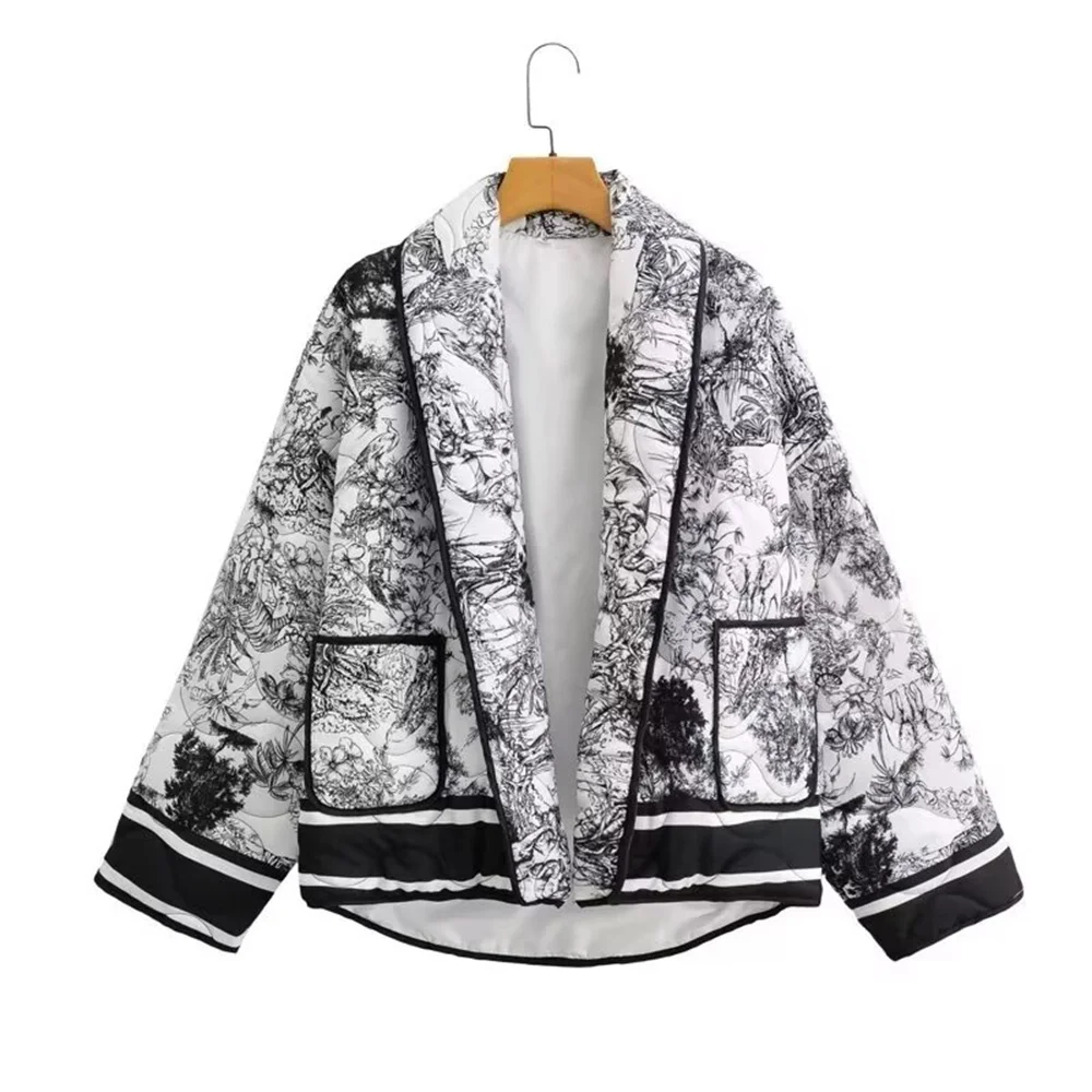 PB&ZA 2024 early autumn new women\'s fashion ethnic style retro loose thickened printed casual open-front cotton jacket