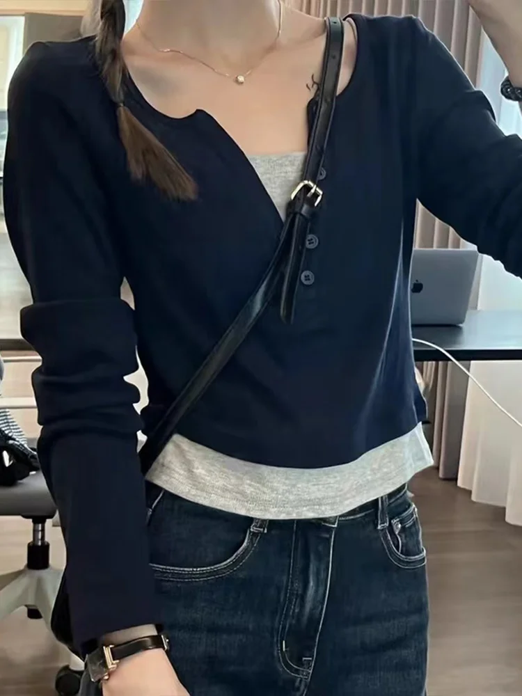 

Slim Fit ort Sve V Ne T irt Long Sve Spicy Girl Design Sense Fake Two Piece Spring Autumn New Sle Korean Version