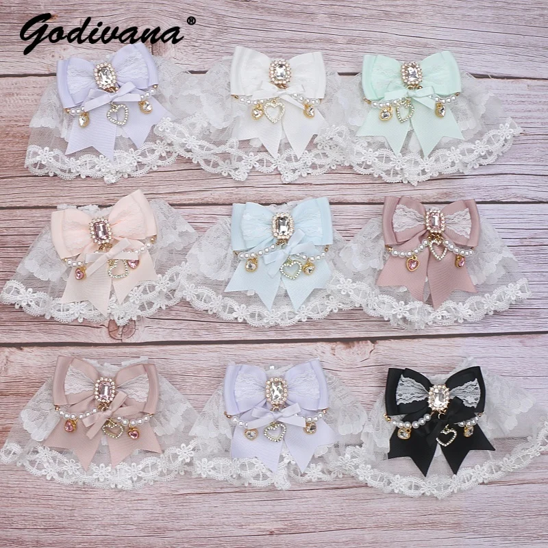 Handmade Japanese Mine Ornament Mittens Girl Women\'s Lolita Sweet Bow String Pearl Flower Wedding Rhinestone Lace Oversleeves