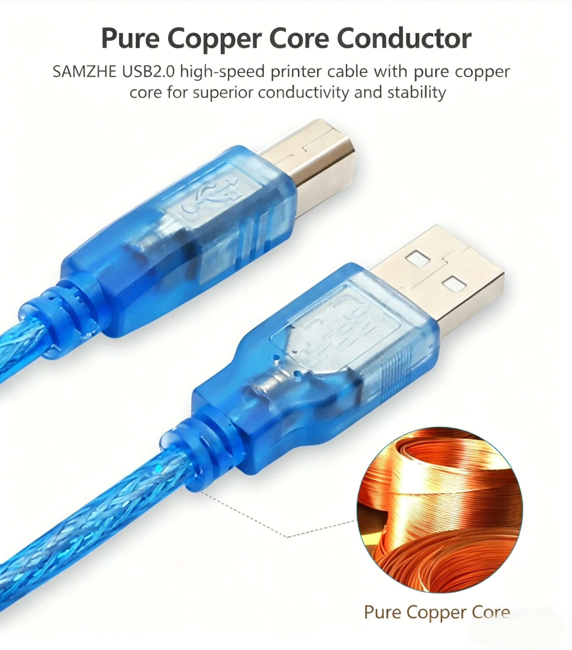 Blue USB 2.0 Printer Cable High Speed Pure Copper Core USB Data Transfer Wire for Printer Scanner