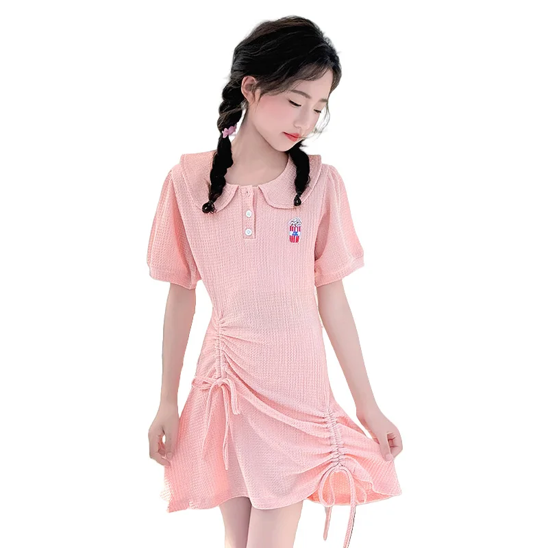 New Casual Kids One Piece Swimwear Polo Dress for Tweens Girls Summer Beach Swim Wear Clothing Child Pink Swimsuit with Skirt