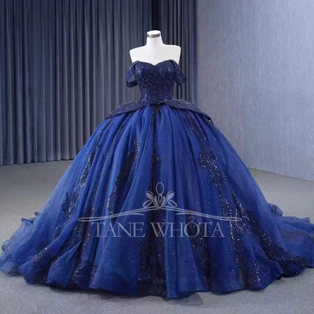 Blue Off Shoulder Sweetheart Quinceañera Dress Ball Gown Lace-Up Back Beaded Sequined Embroidery 15th Birthday Prom Gown