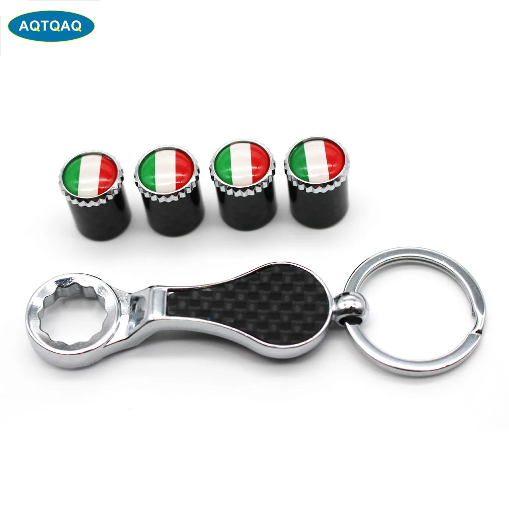 5Pcs/Set Italy National Flag Emblem Auto Car Wheel Tire Air Valve Caps With Wrench Keychain Carbon Fiber + Copper Stem Dust Cove