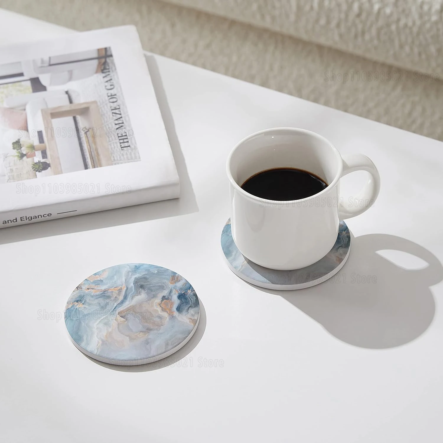 6Pcs Ceramic Coasters Marble Style with Holder Absorbent Drink Coaster for Kinds of Cups Bar Kitchen Wooden Dining Table Decor