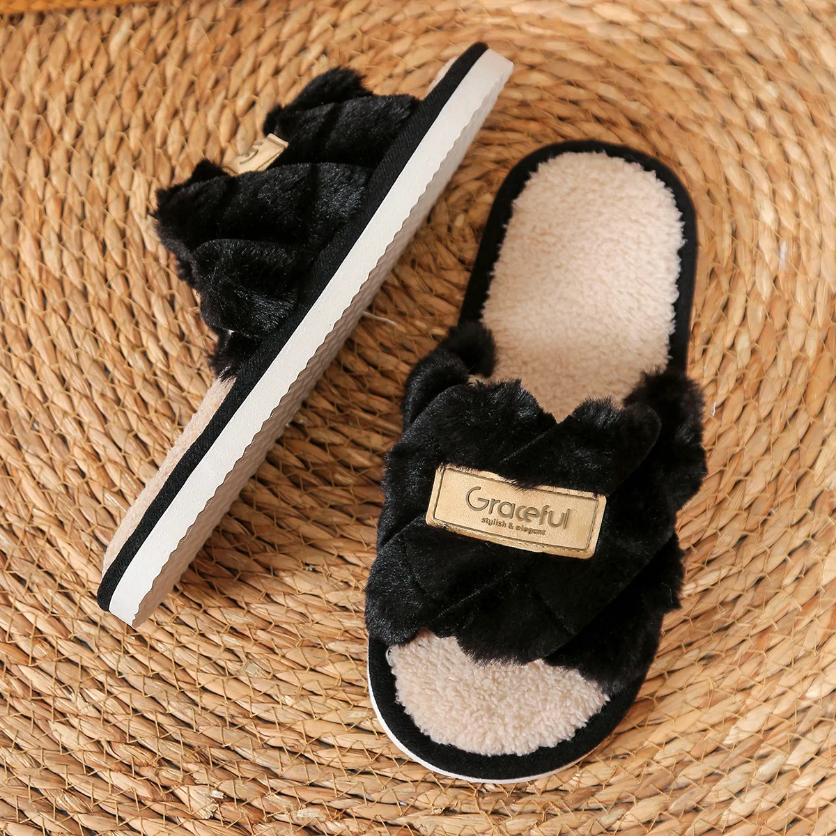 الشتاء المرأة المنزل نِعال من الفراء موضة غامض المفتوحة تو الشرائح داخلي إيفا لينة سوليد أحذية صامتة سيدة شقة الدافئة الوجه يتخبط