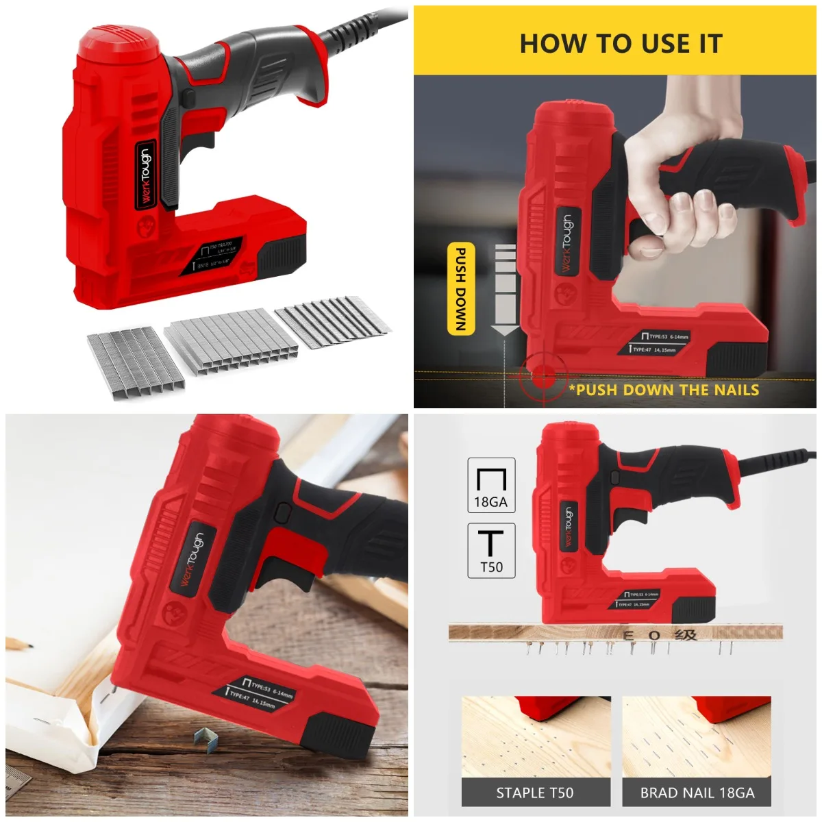 

Электрический гвоздезабивной пистолет Werktough 2-в-1, красный, 3000 шт., бесплатные гвозди и скобы