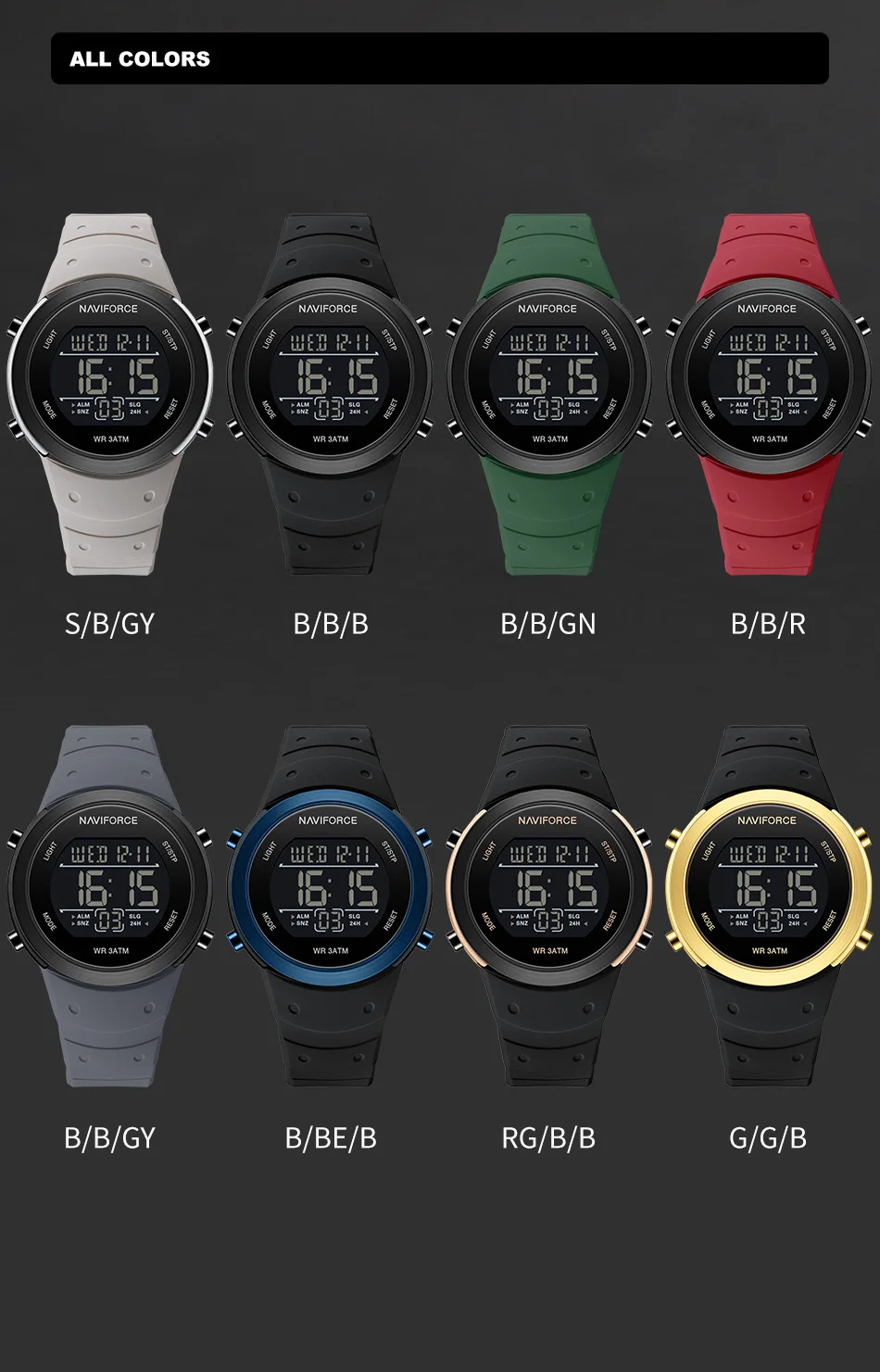 NAVIFORCE NF9246 Modo de alarma Reloj de pulsera para hombre Correa de silicona Luz LED Pantalla de luz nocturna Relojes electrónicos