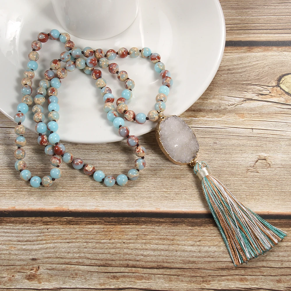 Spring/Summer New Boho Vacation Style 8mm Natural Stone Knot Necklace Oval Druzy Charm Multicolor Tassel Necklace Sweater Chain