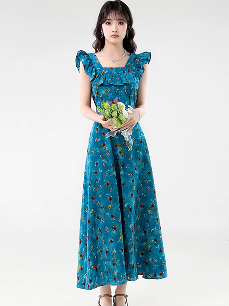 2025 Blue Floral Ruffled Square Collar Sleeveless Dress Summer Elegant Luxury Long Dress Women Korean Vintage Bodycon Prom Dress