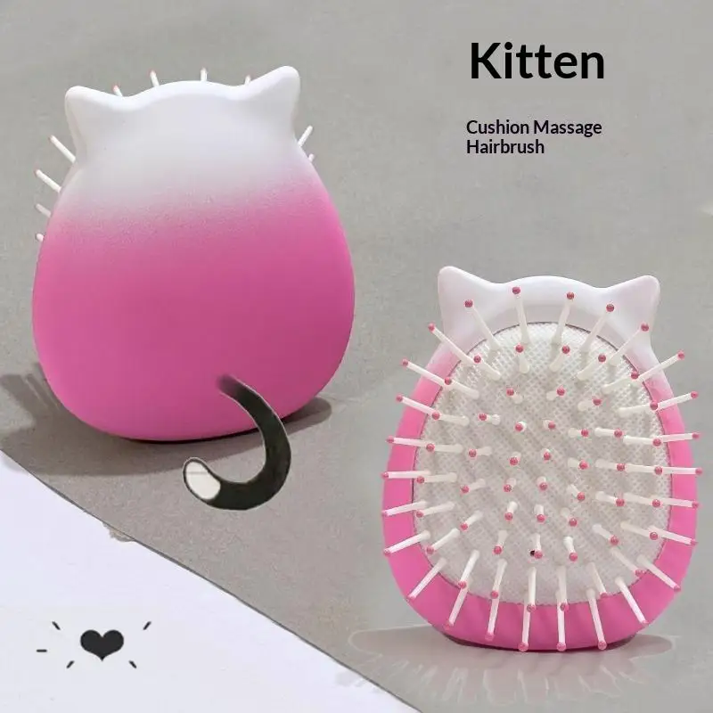 Mini Detangling Hair Brush Cute Ombre Pink Cat Ear Pocket Size Anti-Tangle for Travel Home Daily Use