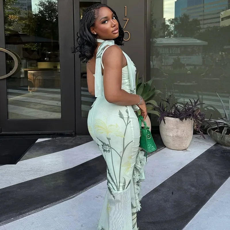 DSMTRC Vintage Luksusowa Damska Sukienka Wieczorowa z Nadrukiem Elegancka Bez Rękawów na Cienkich Ramiączkach Obcisła Sukienka Bodycon z Falbankami i Wycięciami