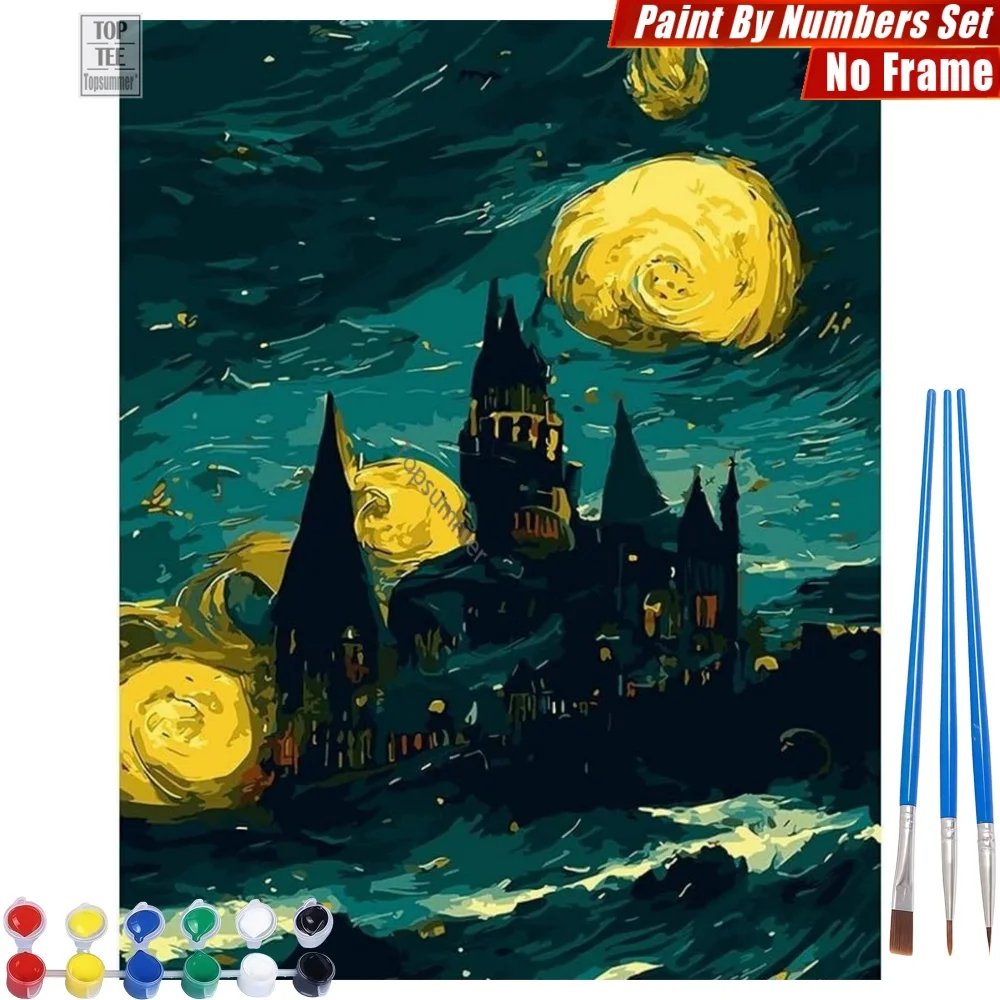 

Van Gogh Starry Castle Paints By Numbers Set - Ancient hill rendition Abstract Wall Art New Year's Day Gift For Dad