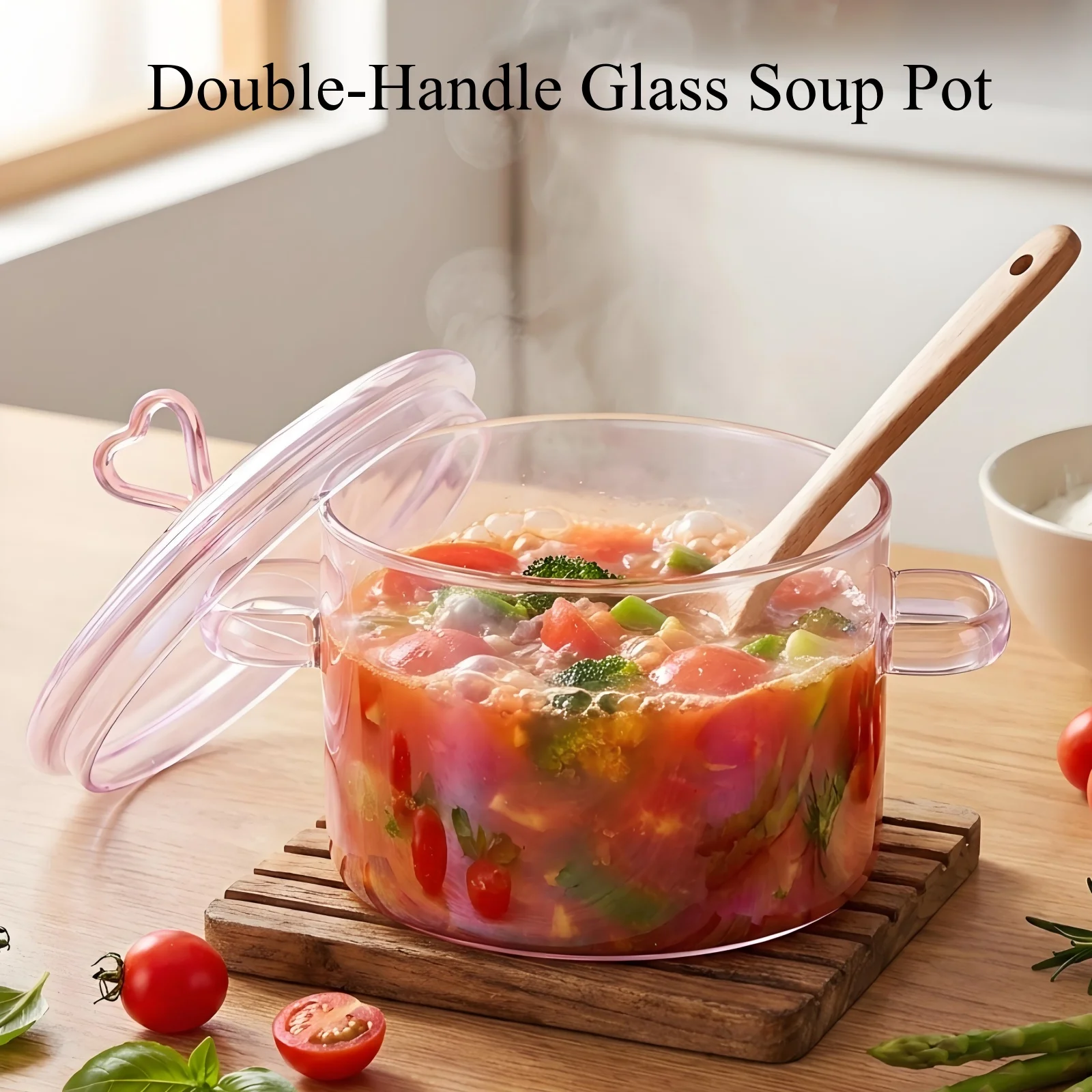 Glass Cooking Pot with Lid and Handle 1.5L Pink Transparent Thickened Simmer Pot Heat Resistant Heart Shape Lid for Pasta Soup