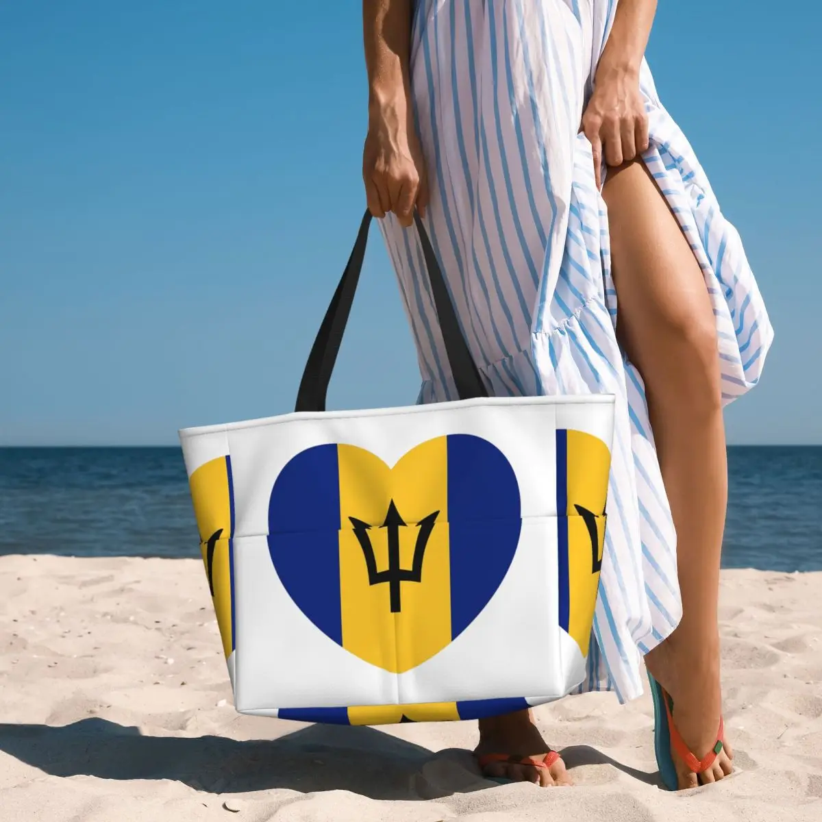 Barbadian Heart For Real Bajans Barbados Flag Beach Tote Bag Sport Gym Yoga Duffle Large Tote Bag Women Travel Bag Fitness bag