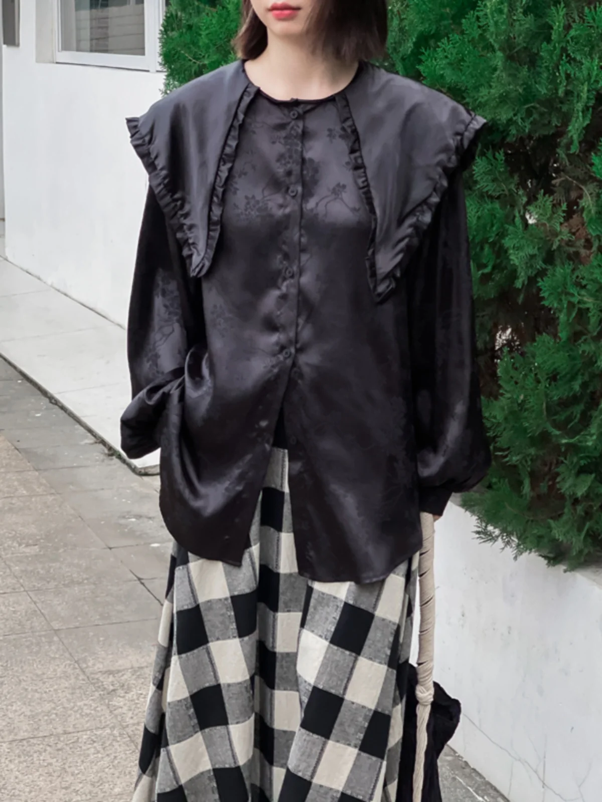 

Phil Dan Loose Long Shirt Women's plus Size Version Doll Collar Silk Tussar Print New Chinese Style Button up Casual Shirt