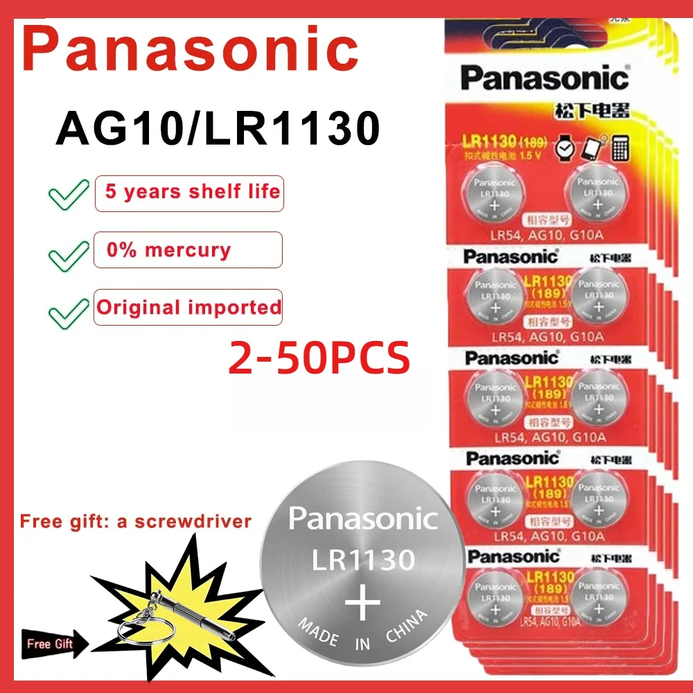 5-50PCS Panasonic  AG10 189 LR1130 SR1130Alkaline Button Cell Battery 389 LR54 SR54 1.5V For Watch Calculator Toy Thermometer