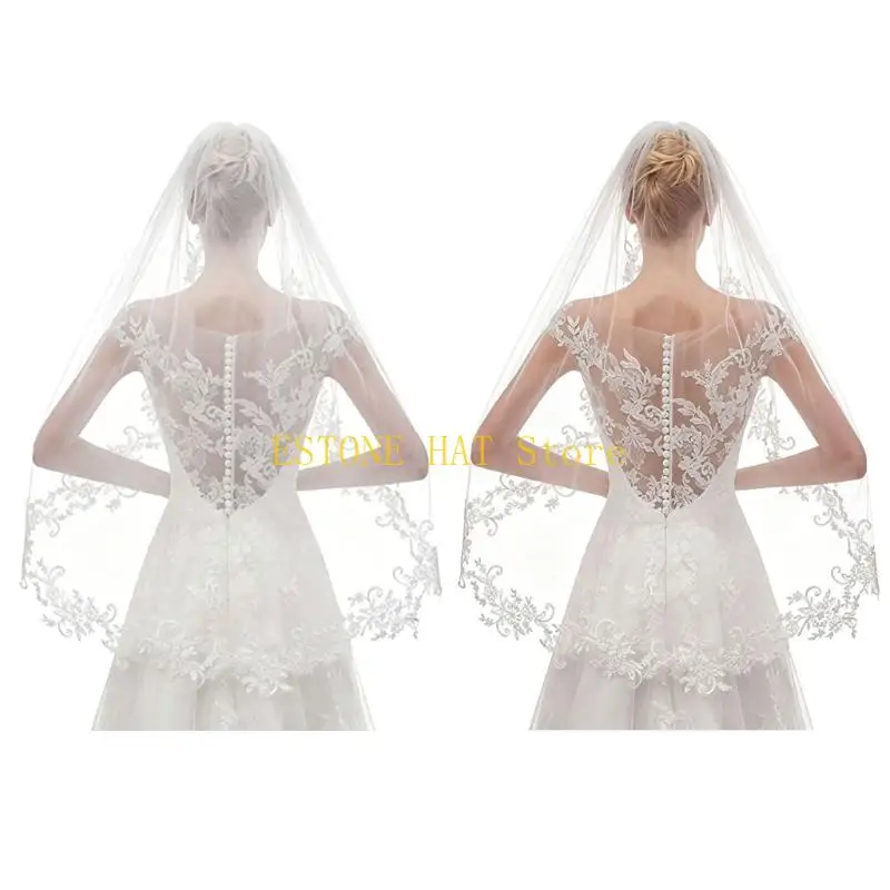 

49MF Romance Lace Bridal Veil Wedding Veil with Flower Single Layer Sheer Headveil