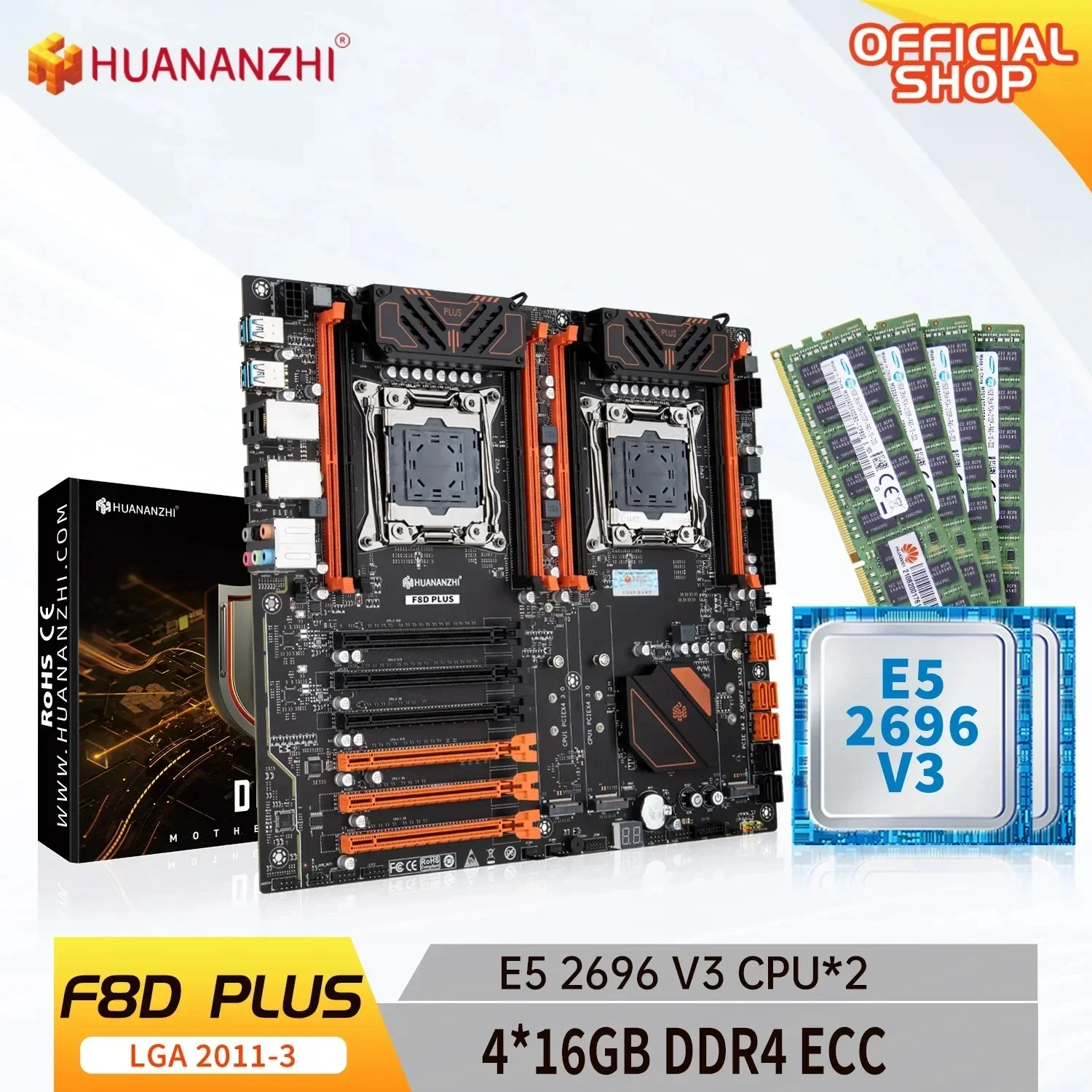 X99 F8D PLUS LGA 2011-3 XEON X99 Motherboard with Intel E5 2696 V3*2 with 4*16G DDR4 RECC memory combo kit set RU