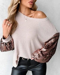 Female Clothing T-Shirts Pullover Tops Sexy Blouses Contrast Sequin Waffle Knit Top 2023 Autumn Winter Spring New Fashion Casual