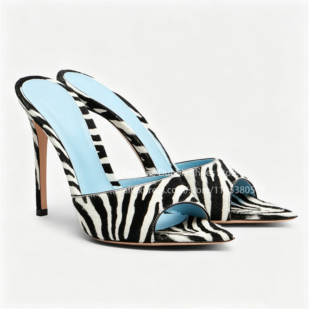 Zebra Print Faux Pony Hair Stilettos Heel Mules Peep Toe Slip on Sandals Animal Print Sandals Party Summer Women Casual Shoes