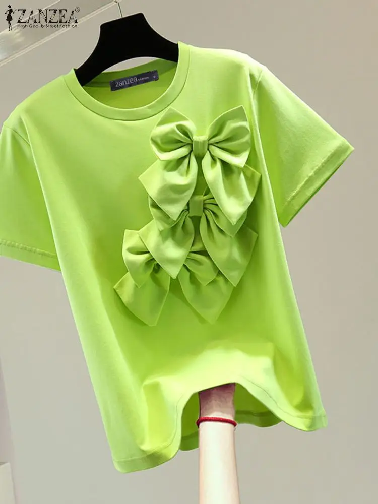 

Коллекция 2024 года, модная летняя блузка ZANZEA с галстуком-бабочкой, женские повседневные топы с круглым вырезом и коротким рукавом, однотонная женская Свободная рубашка для отдыха